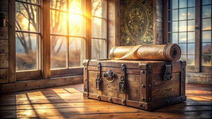 Aufkleber - A wooden treasure chest with an old scroll resting on top, bathed in the golden light streaming through a window.