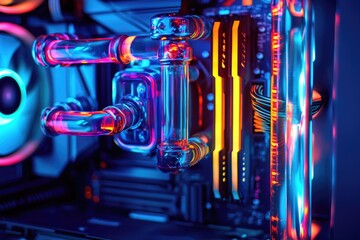 Poster - A close-up shot of a computer case lit by bright neon lights, suitable for tech-related projects and designs
