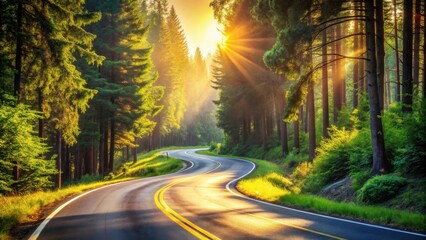 Poster - A winding road through a forest bathed in golden sunlight, with tall trees casting long shadows