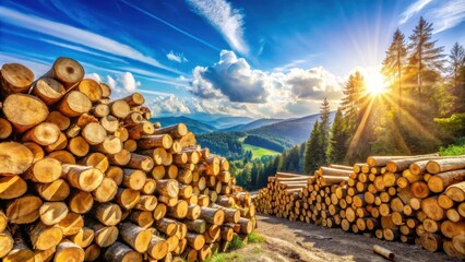 Poster - A Stack of Cut Logs Against a Stunning Mountain View with a Bright, Golden Sun Setting Behind a Lush Forest