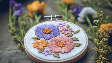 Poster - Close-up view of an embroidered design on a table, ideal for use in still life photography or product design