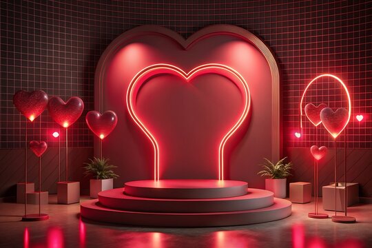 Design, Valentine's Day with Podium and Heart of 3D for pink love background