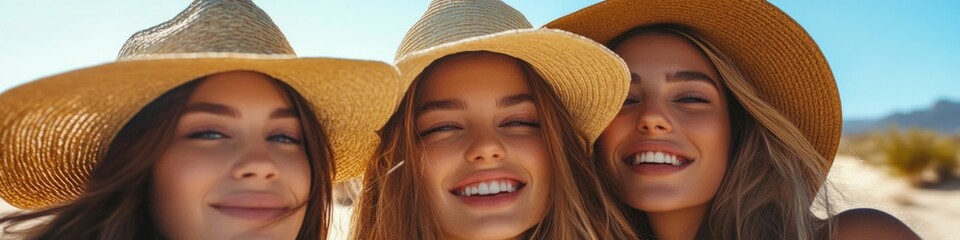 Wall Mural - Three young women enjoying the sun on a beach, each wearing a straw hat