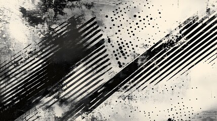 Poster - A visually striking abstract and minimalist background texture featuring a dynamic composition of monochrome geometric patterns including layered stripes dots and splashes of ink or paint in a grungy