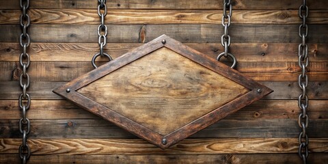 Poster - Rustic Wooden Diamond Sign Suspended by Chains on a Weathered Plank Wall
