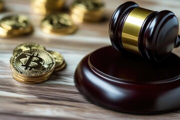 Poster - A gavel sits atop a pile of bitcoins, symbolizing the intersection of finance and law