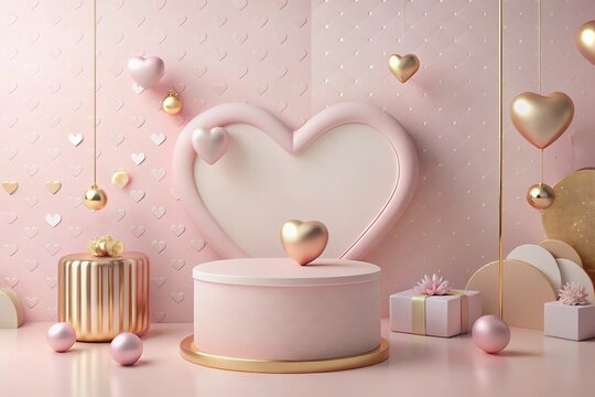 Design, Valentine's Day with Podium and Heart of 3D for pink love background