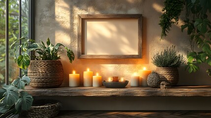 Poster - Cozy beige room candles softly flickering Frame mockup close up placed on a rustic wooden shelf Warm lighting enhances the peaceful atmosphere 3D render capturing serene comfort