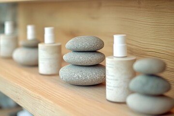 Poster - A decorative wooden shelf filled with rocks and bottles of lotion
