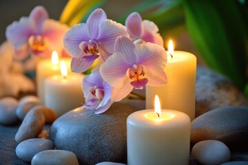 Wall Mural - A group of candles sit atop a pile of rocks, emitting soft light