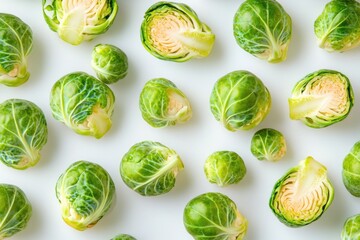 Poster - A bunch of fresh brussels sprouts on a clean white surface
