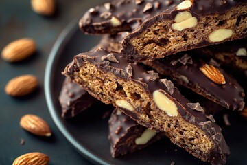 Poster - A black plate topped with pieces of chocolate covered almonds, perfect for snacks or desserts