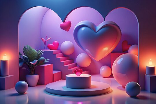 Design, Valentine's Day with Podium and Heart of 3D for pink love background