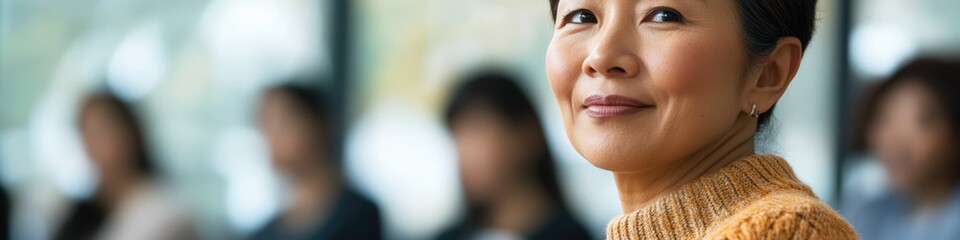 Poster - A woman wearing a bright yellow sweater looks directly at the camera, conveying a sense of confidence and friendliness
