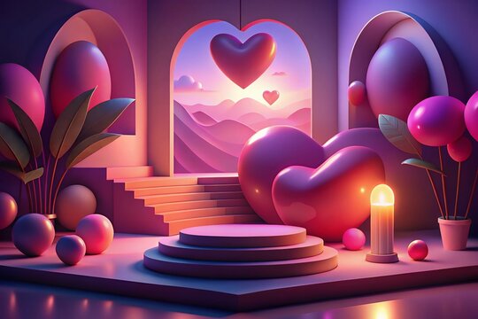 Design, Valentine's Day with Podium and Heart of 3D for pink love background
