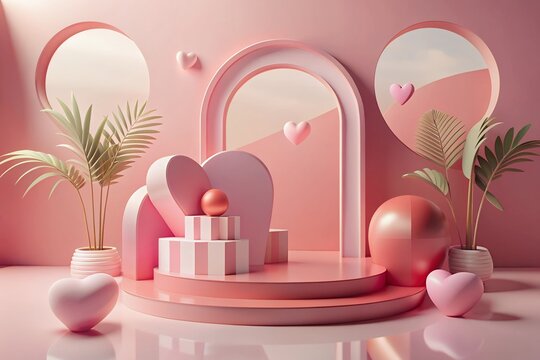 Design, Valentine's Day with Podium and Heart of 3D for pink love background