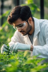 Poster - a scientist in a white lab coat and goggles is carefully working on plants, this image can be used f