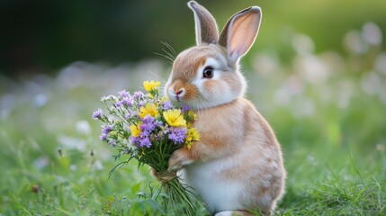 Poster - A rabbit holding a bunch of colorful flowers