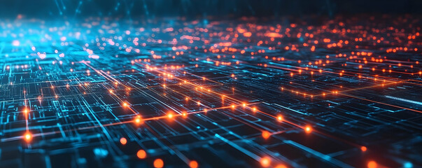 Poster - abstract digital landscape with glowing circuits and data connections at night