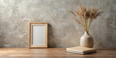 Aufkleber - A Simple Still Life with a Wooden Frame, Books, and a Dried Grass Arrangement in a Vase Against a Concrete Wall