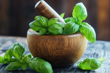 Aufkleber - Freshly picked basil leaves arranged in a wooden bowl for cooking or decoration