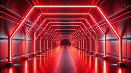 Poster - A futuristic tunnel with red neon lights illuminating the dark and reflective floor and walls. The lights create a geometric pattern as they bounce off the sleek surfaces.