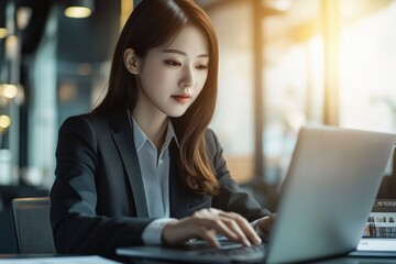 Poster - a woman sits at a table with a laptop, typing away