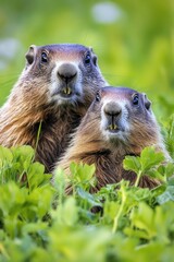 Wall Mural - Two groundhogs sit on a lush green meadow, enjoying the sun