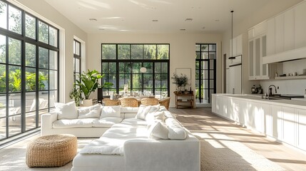 Poster - Cozy corner view of luxurious white kitchen with polished finishes and a stylish dining area harmoniously blending into a lightcolored living room adorned with tasteful decor and large windows