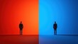 © Dounonji - Two silhouetted figures stand on opposite sides of a vibrant red and blue background, symbolizing contrast, division, or differing perspectives.