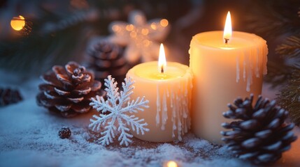Poster - Two candles sit on the snowy ground, providing a warm glow
