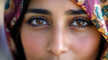 Aufkleber - A close-up shot of a woman with her hair covered by a headscarf