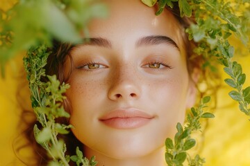 Poster - A close-up of a woman with freckles surrounded by various plants and foliage