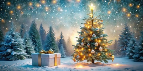Aufkleber - A festive Christmas tree adorned with lights and ornaments stands tall in a snowy forest, a glistening white gift box resting at its base, waiting for the season of joy.