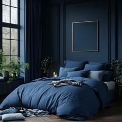 Poster - Cozy dark blue bedroom interior showcasing home mockup frame on the wall Layered bedding and stylish decor elements enhance the tranquil vibe in this inviting 3D render of modern comfort