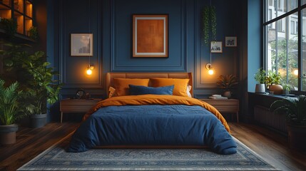 Poster - Cozy dark blue bedroom featuring home mockup on a stylish accent wall Modern decor and warm lighting create a peaceful retreat 3D render highlighting the inviting atmosphere of the space