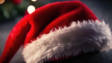 Poster - Close-up shot of a Santa hat with colorful lights in the background