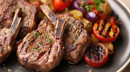 Poster - A plate of mixed grilled meats and colorful vegetables on a table, perfect for outdoor gatherings or casual meals