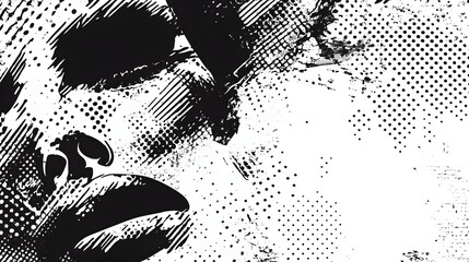 Poster - Abstract grunge textured background in black and white featuring chaotic dripping brush strokes blots and halftone dot pattern overlay  Dramatic moody and expressive with a vintage distressed