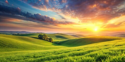 Aufkleber - Golden Hour Over Rolling Green Hills and Lush Meadows, Bathed in a Warm Sunset Glow
