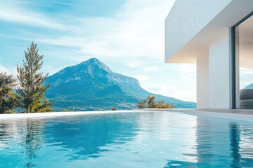 Poster - A scenic view of a swimming pool situated amidst mountains, ideal for use as a backdrop for outdoor and adventure-themed projects