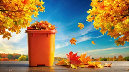 Poster - Autumn leaves fall into an orange container on a wooden table against a blue sky background.