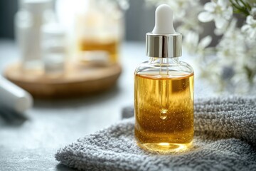 Poster - A clear glass bottle filled with liquid sits on top of a towel