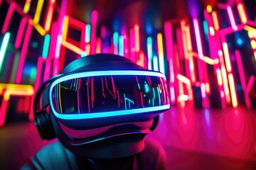 Poster - a person wearing a virtual reality headset stands in front of bright neon lights