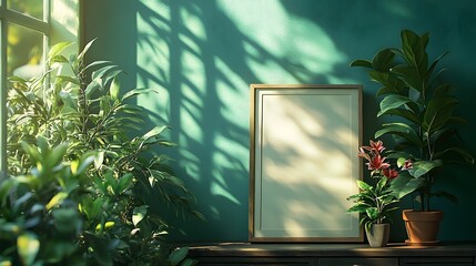 Fototapete - Cozy dark green living space Mockup frame standing a sleek commode near a window Gentle light filtering in adds shadow play Modern 3D render of furniture details