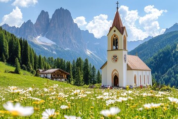 Leinwandbilder - a picturesque scene of a church surrounded by a field of blooming flowers, perfect for use as a back