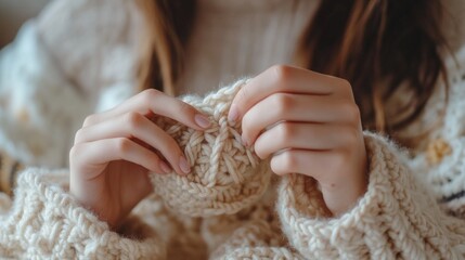 Aufkleber - Close-up of a woman in a white sweater knitting a sweater