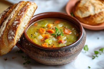 Poster - Freshly prepared bowl of hot soup accompanied by a crunchy sandwich, perfect for a cozy meal