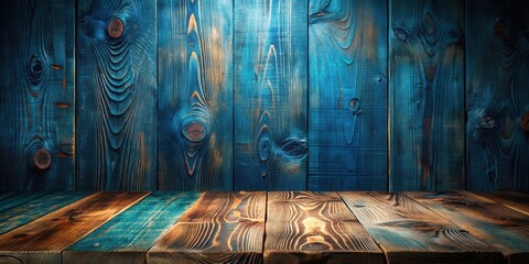 Aufkleber - Rustic Wooden Tabletop with a Teal Blue Background, Ideal for Product Placement or Displaying Objects