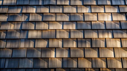 Fototapete - A Close-Up View of an Interlocking Pattern of Wooden Shingles with Shadows Cast by the Evening Sun